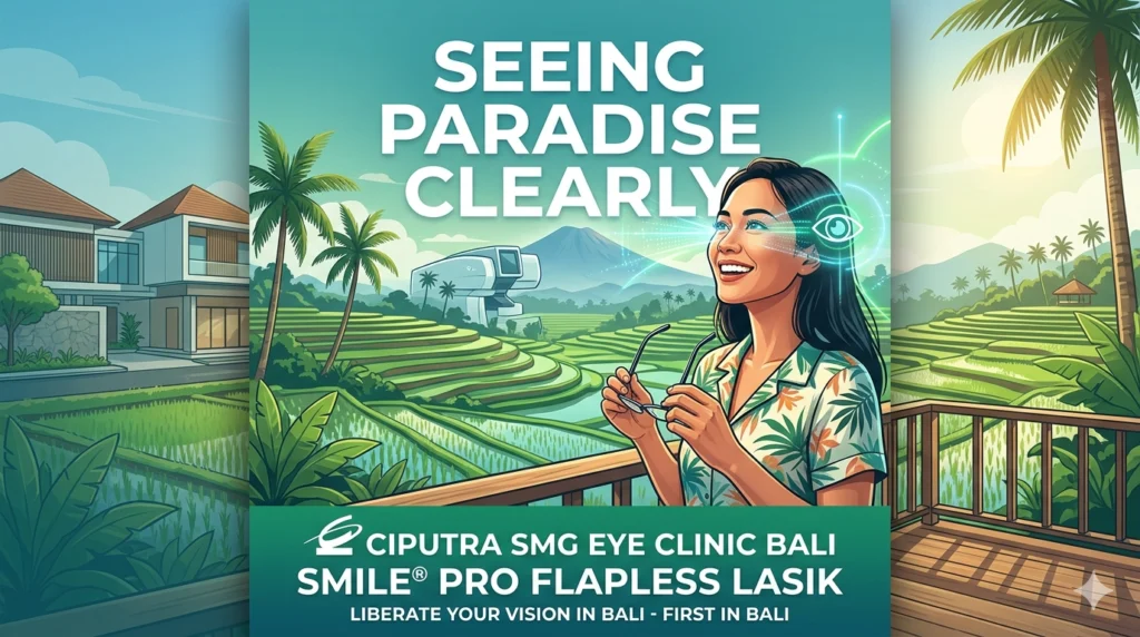 Happy woman with clear vision smiling, holding spectacles, against a panoramic view of Bali's iconic Tegallalang rice terraces and advanced laser eye surgery equipment. Text includes "Ciputra SMG Eye Clinic Bali" and "SMILE Pro Flapless LASIK".